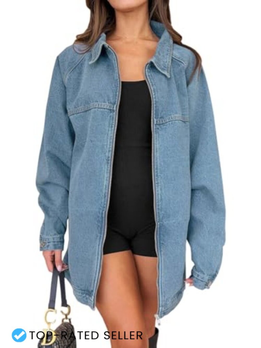 Oversized Zip Up Denim Jacket Long Sleeve Boyfriend Jean Coat Cotton Blend
